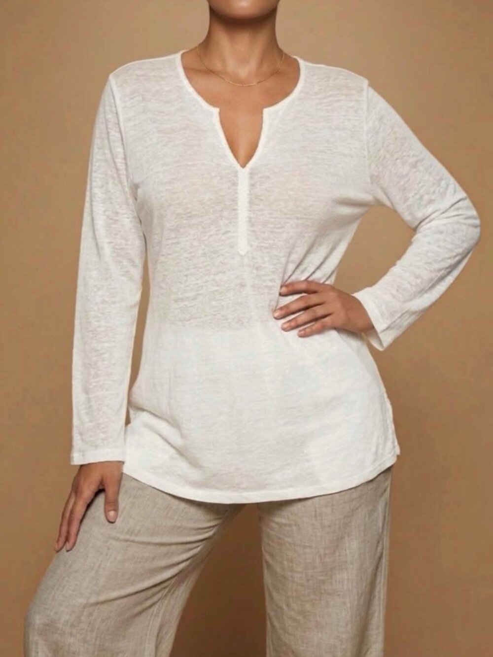 Lauren Ralph Lauren Linen Longline Tunic Top Sz 1X Cream Minimalist